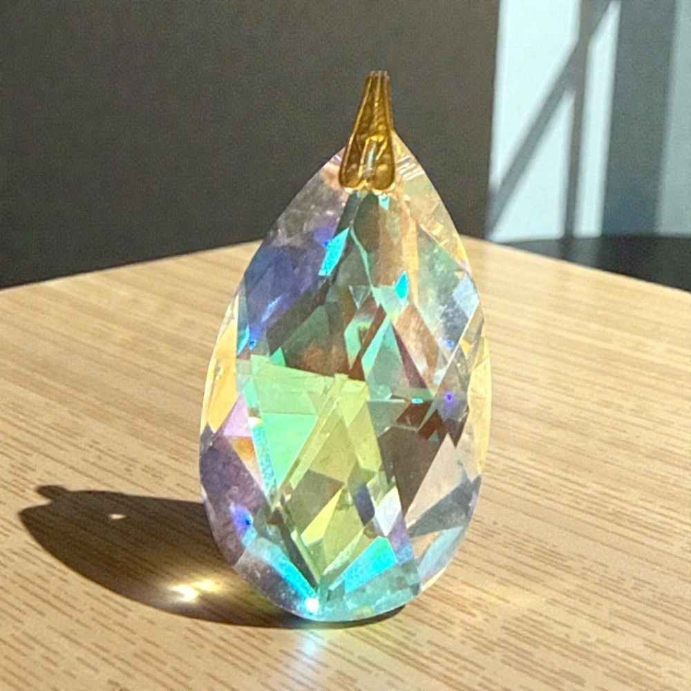 Large AB Iridescent Teardrop Crystal Pendant with Gold Tone Bail